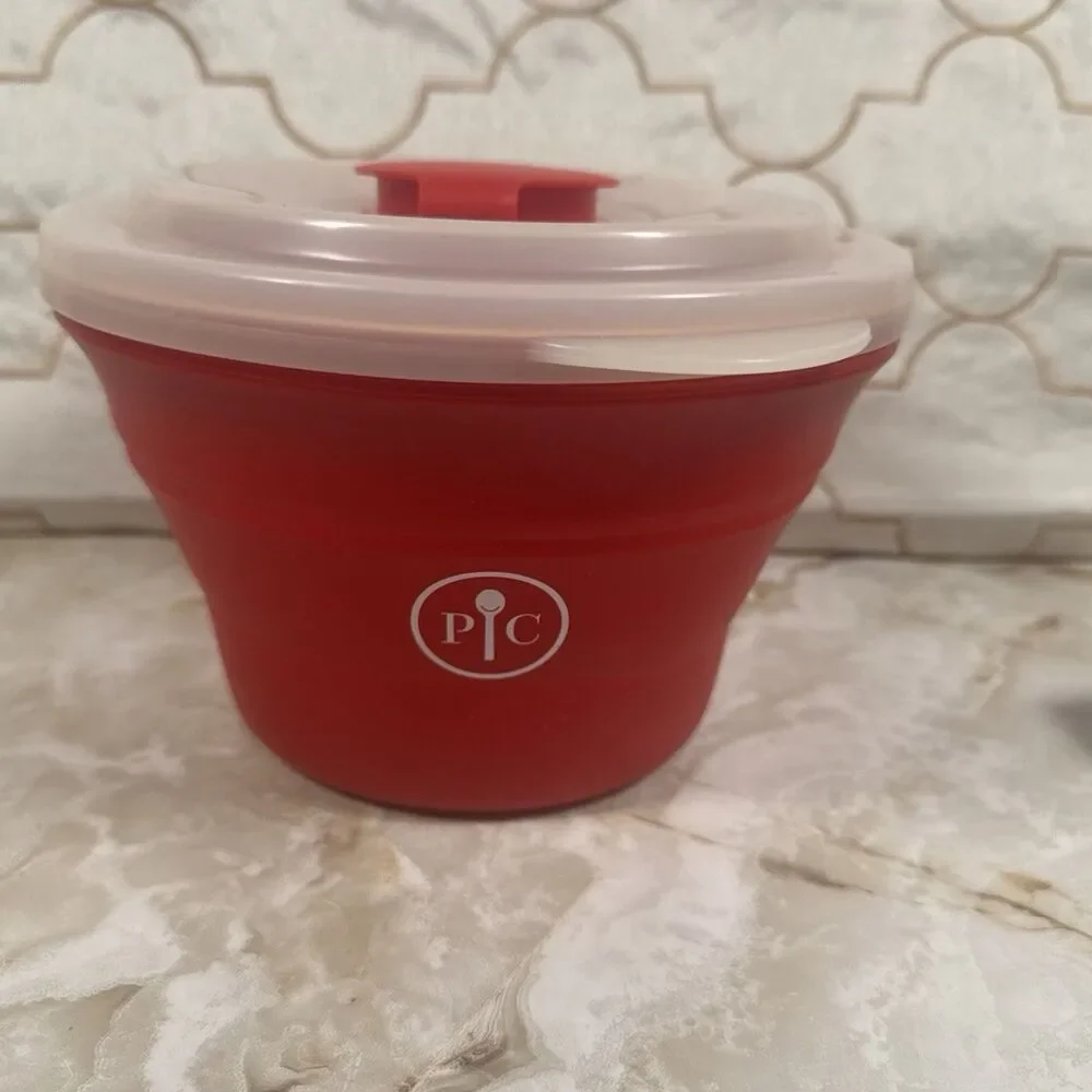 PamperedChef Microwave Popcorn Maker Popper Red Collapsible Bowl+CookingUtensils